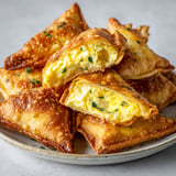 Une pile de bricks aux oeufs et au kiri sur un plateau.