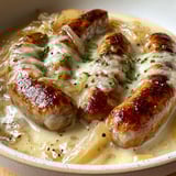 Saucisses au fromage et oignons confits, une recette savoureuse et délicieuse.