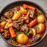 Un plat de Navarin d'agneau (au Cookeo) avec des carottes et des légumes.
