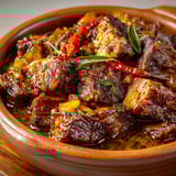 Un plat de ragoût de porc aux épices créoles, avec des épices rouges et des herbes vertes.