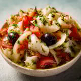 Une salade catalane est servie dans un bol en céramique, garnie de tomates, d'olives, de concombre et de persil.