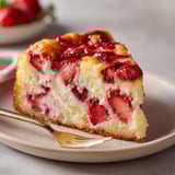 Une pièce de gâteau moelleux aux fraises facile, accompagnée d'une cuillère en argent, est servie sur un plateau.