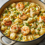 Une casserole de pâtes à la chaudrée de crevettes et de maïs est servie dans un bol en céramique.
