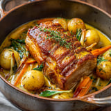 Un plat de rôti de cochon de lait à la moutarde, julienne de légumes.