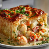 Tourte crémeuse des îles de la Madeleine, mélange de homard et fruits de mer sous pâte brisée dorée.