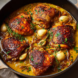 Des cuisses de poulet braisées à l'érable, à l'ail et au vin blanc dans un bol.