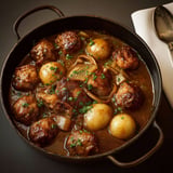 Une casserole de boulettes et de pattes de cochon est servie sur une table.