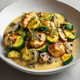Une assiette de courgettes au poulet, avec des herbes et des champignons, est servie sur une table.