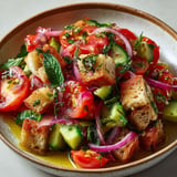 Une salade toscane composée de tomates, cucumbers, onions et pain grillé.