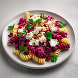 Une salade de pâtes au pesto de betterave et à la feta, servie sur un plateau.
