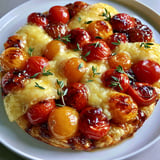 Une tarte aux tomates cerises et fromage fondant, avec des herbes fraîches pour garnir.