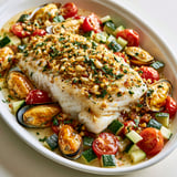 Un plat de poisson avec des tomates, courgettes et moules, accompagné de herbes.