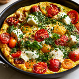 Une omelette aux tomates, à la mozzarella et au pesto