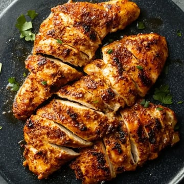 Des blancs de poulet grillés tranchés, dressés sur une assiette sombre avec des herbes fraîches.