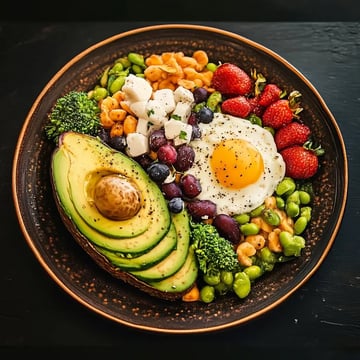 Une assiette colorée de nourriture saine avec avocat tranché, œuf au plat, légumes variés comme brocoli et edamame, et un mélange de fruits incluant fraises et myrtilles.