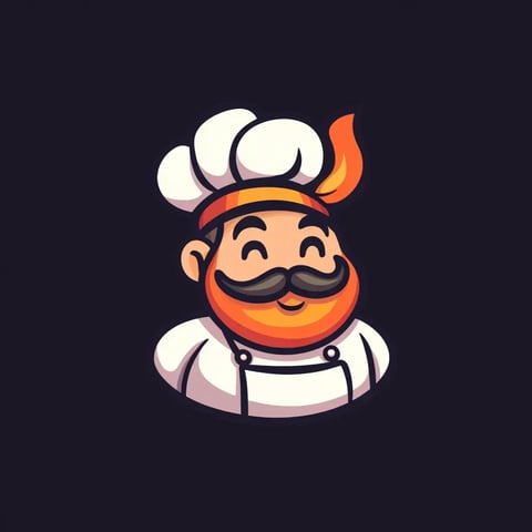 Un chef souriant avec une moustache et une barbe orange, portant une toque blanche et un bandana, se détache sur un fond sombre.