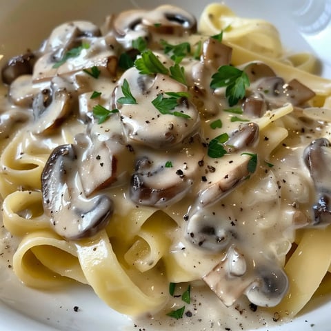 Des tagliatelles nappées de sauce crémeuse aux champignons et garnies de persil.