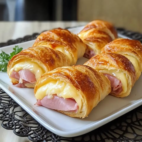 Des rouleaux de pâte feuilletée garnis de fromage et de jambon, présentés sur une assiette blanche.