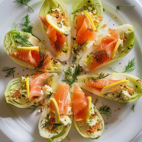 Assiette de légumes en éventail garnie de saumon fumé, fromage frais, baies et tranches de citron.