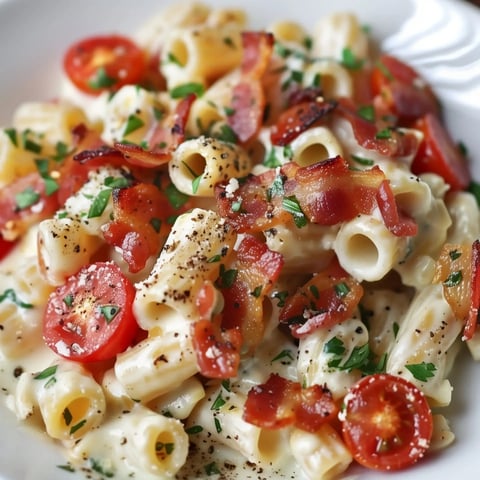 Pâtes à la crème avec des tomates cerises, du bacon croustillant et des herbes fraîches.