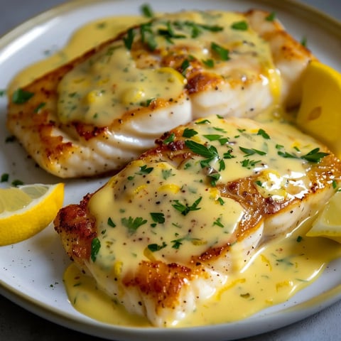 Deux filets de poisson garnis de sauce crémeuse au citron et couverts de persil frais, accompagnés de quartiers de citron.