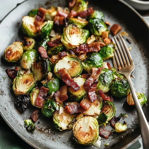 Un plat de choux de Bruxelles rôtis garnis de morceaux de bacon croustillant, servi dans une assiette noire.