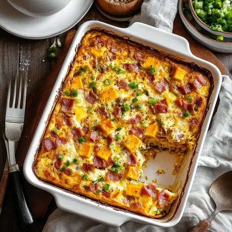 Un plat de quiche aux œufs avec des morceaux de bacon, de fromage et de ciboulette, servi dans un plat en céramique blanche.