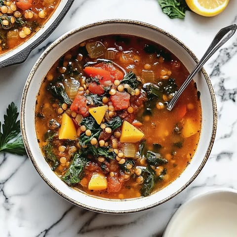 Un bol de soupe colorée avec des légumes, des lentilles et des morceaux de courge, accompagné d'une cuillère en métal.