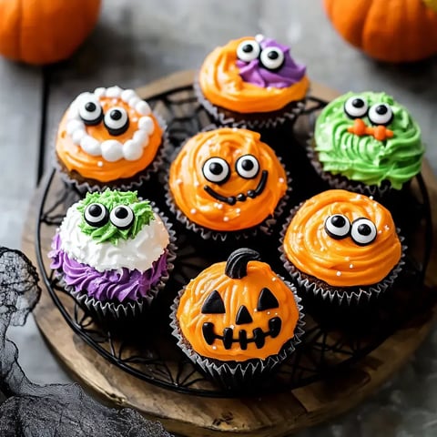 Des cupcakes colorés décorés pour Halloween, avec des visages amusants et des motifs de citrouilles.