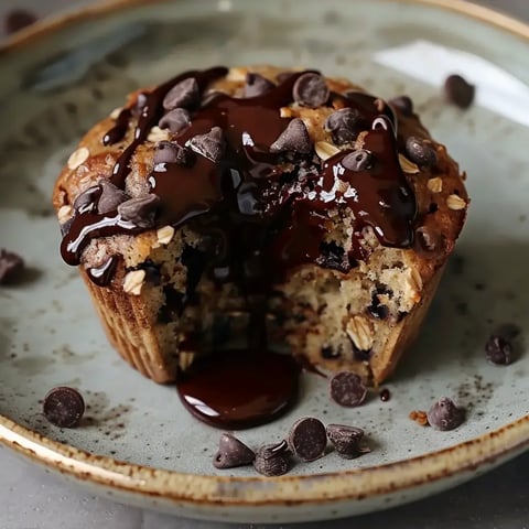 Un muffin moelleux garni de pépites de chocolat et de sauce au chocolat, posé sur une assiette.