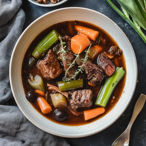 Un bol de ragoût de viande avec des morceaux de boeuf, des carottes, du céleri et des herbes, servi avec un tissu gris et des ingrédients en arrière-plan.