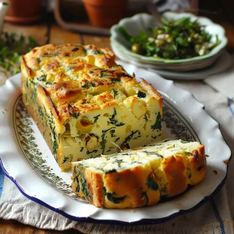 Un plat de cake salé aux épinards, coupé en tranches, est présenté sur une assiette décorative.