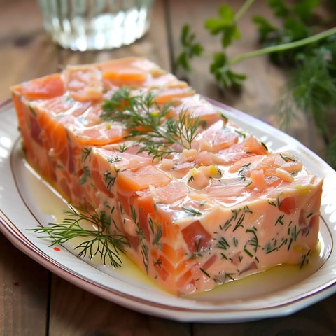 Un bloc de gelée de saumon garni d'aneth et d'amandes, servi sur une assiette.