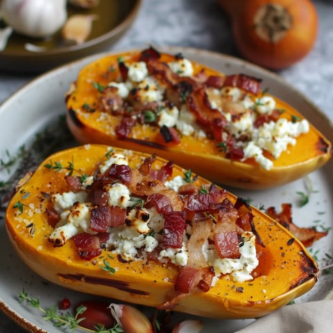 Deux moitiés de courge spaghetti grillées garnies de fromage de chèvre, de bacon croustillant et de thym, présentées sur une assiette.