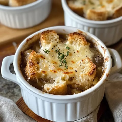 Une soupe à l'oignon gratinée servie dans un ramequin avec des morceaux de pain doré et du fromage fondu.