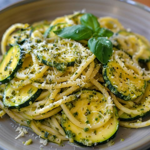 Pâtes aux courgettes garnies de fromage râpé et de basilic frais.