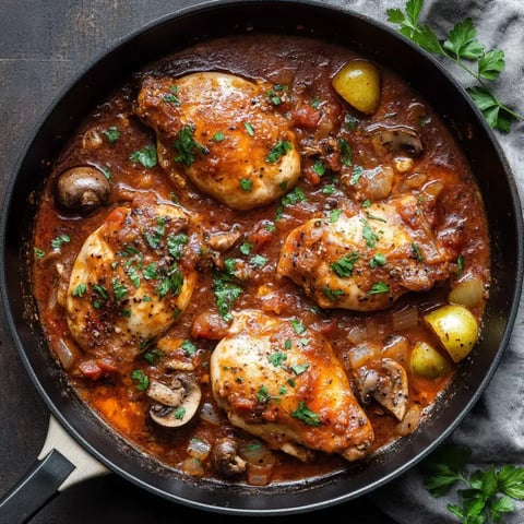 Plat de poulet mijoté avec des tomates, des champignons et des herbes, servi dans une poêle.