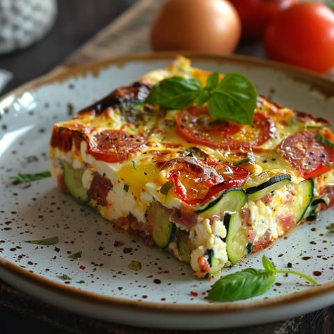 Une tranche de frittata aux légumes, garnie de tomates et de basilic, servie sur une assiette.