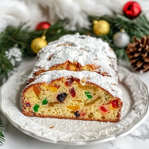 Un gâteau sucré aux fruits confits, saupoudré de sucre glace, est présenté sur une assiette ornée, entouré de décorations de Noël.