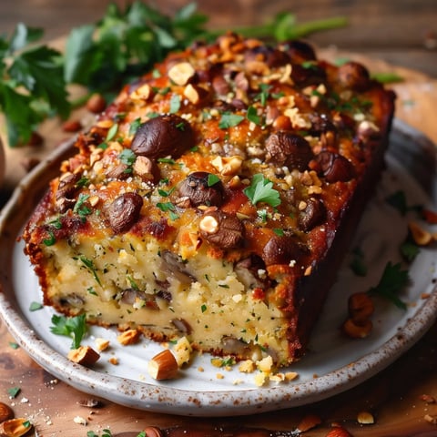 Un pain aux noix garni de champignons et de noisettes, servi sur une assiette et décoré de persil.