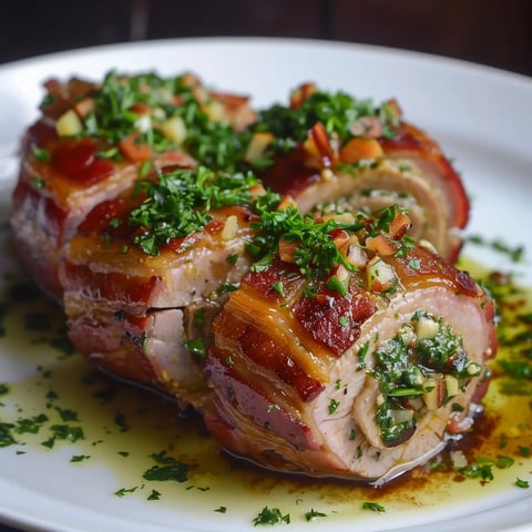 Un plat de viande roulée garnie de légumes, accompagnée de sauce et parsemée de persil frais.