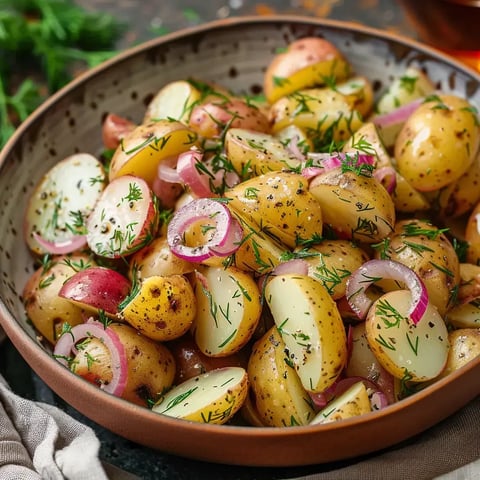 Mélange savoureux de pommes de terre nouvelles garnies d'oignons rouges et d'aneth.