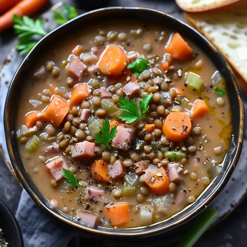 Un bol de soupe aux lentilles garnie de morceaux de carottes, de céleri et de jambon, accompagné de pain.