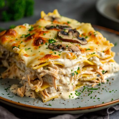 Lasagnes crémeuses garnies de champignons et de poulet, servies sur une assiette avec une touche de persil.