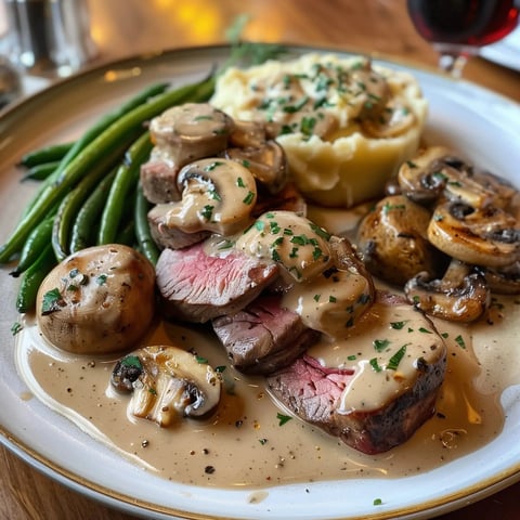 Un plat savoureux composé de bœuf rôti avec une sauce crémeuse, accompagné de purée de pommes de terre, de haricots verts et de champignons.