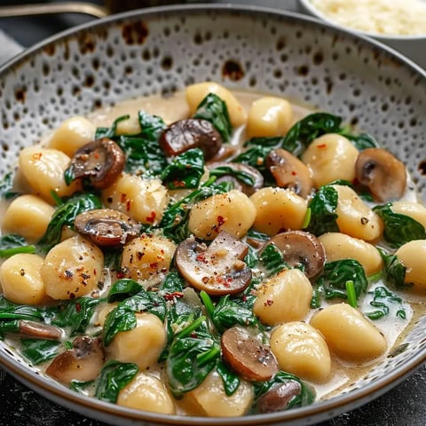 Un plat de gnocchis crémeux aux épinards et champignons, garni de poivre et de piment rouge.