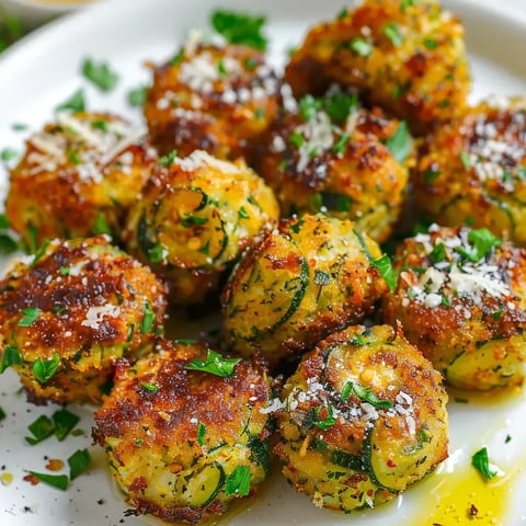 Des boulettes croustillantes aux courgettes, garnies de fromage et de persil, disposées sur une assiette.