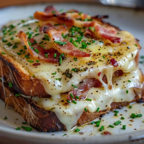 Tartine chaude de pain grillé garnie de fromage fondu, de bacon croustillant et d'herbes fraîches.