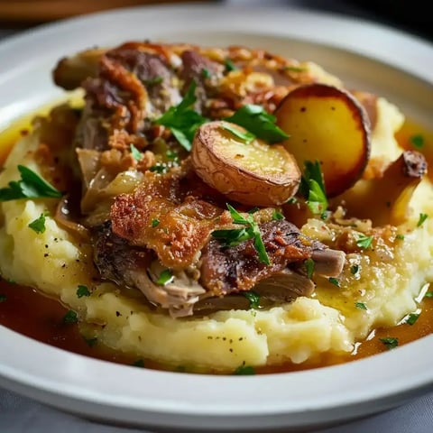 Un plat de viande savoureuse de poulet rôti accompagné de purée de pommes de terre et de tranches de pommes dorées, garni de persil frais.