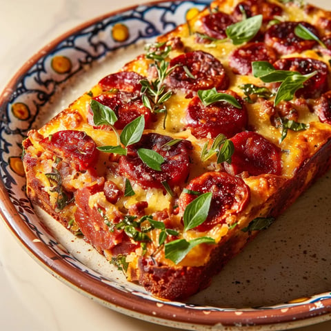 Un plat de pizza garni de pepperoni et d'herbes fraîches, présenté dans une assiette décorative.